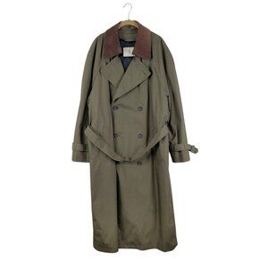 London Fog Double Breasted Trench Coat Barn Leather Collar Liner Green Size 40L